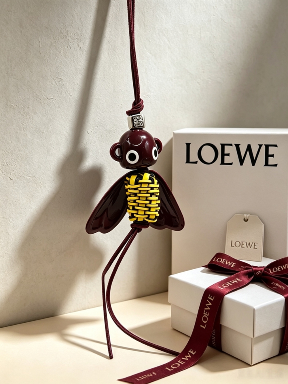 LOEWE Burgundy Woven Bee Bag Charm Pendant